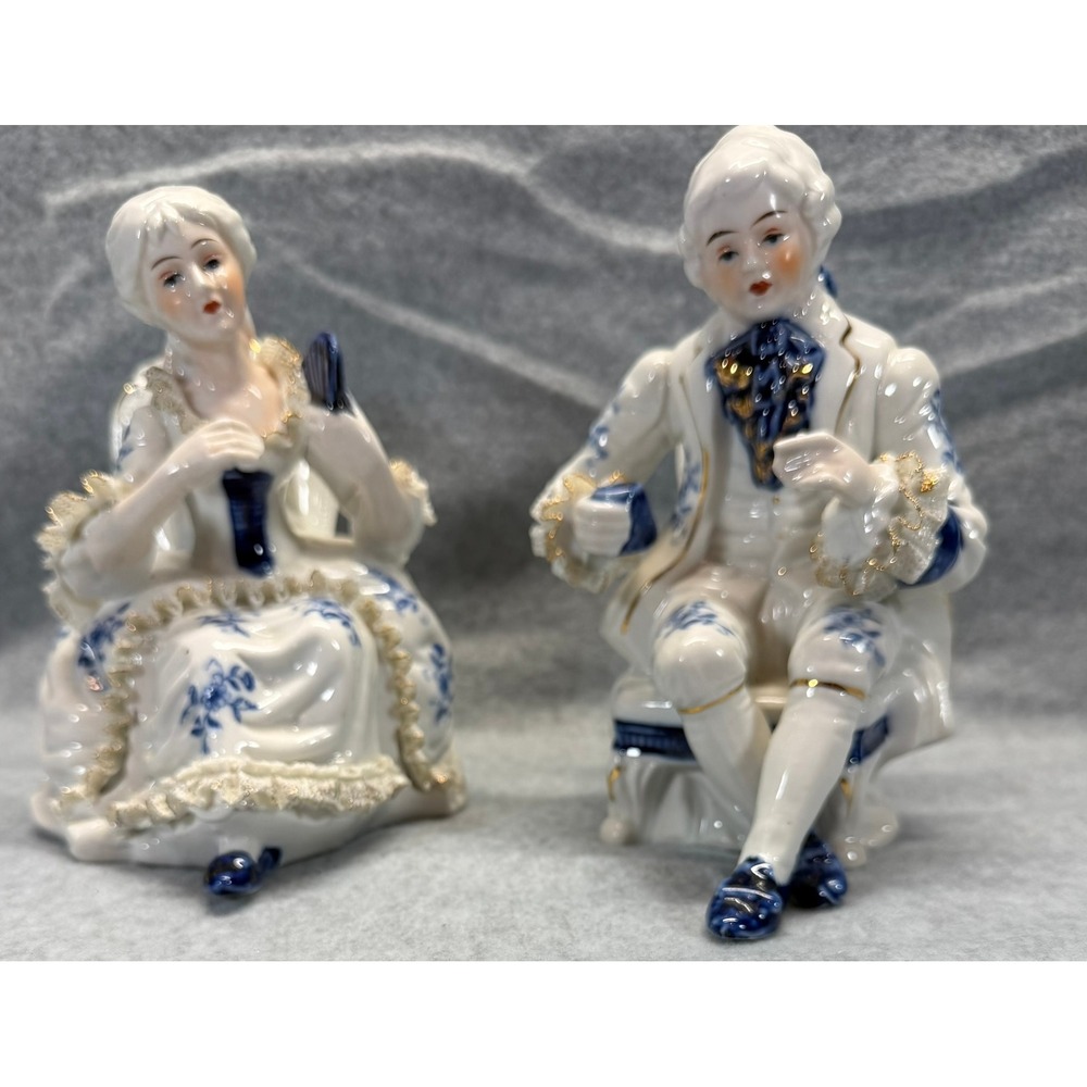 Vintage Blue and White Porcelain Victorian Couple Figurines Gold Gilt Set of 2 - Picture 3 of 16